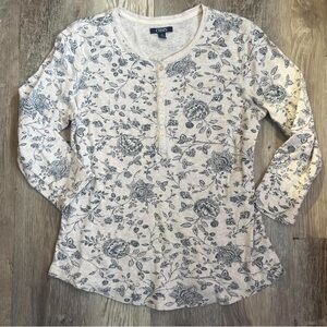 Chaps Women's Long Sleeve Floral Henley - Blue and White